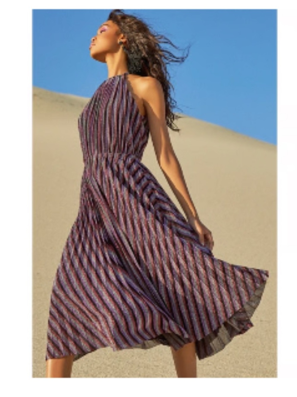 Lucy Paris Sleeveless Halter Midi Dress in Purple Multi-Stripe